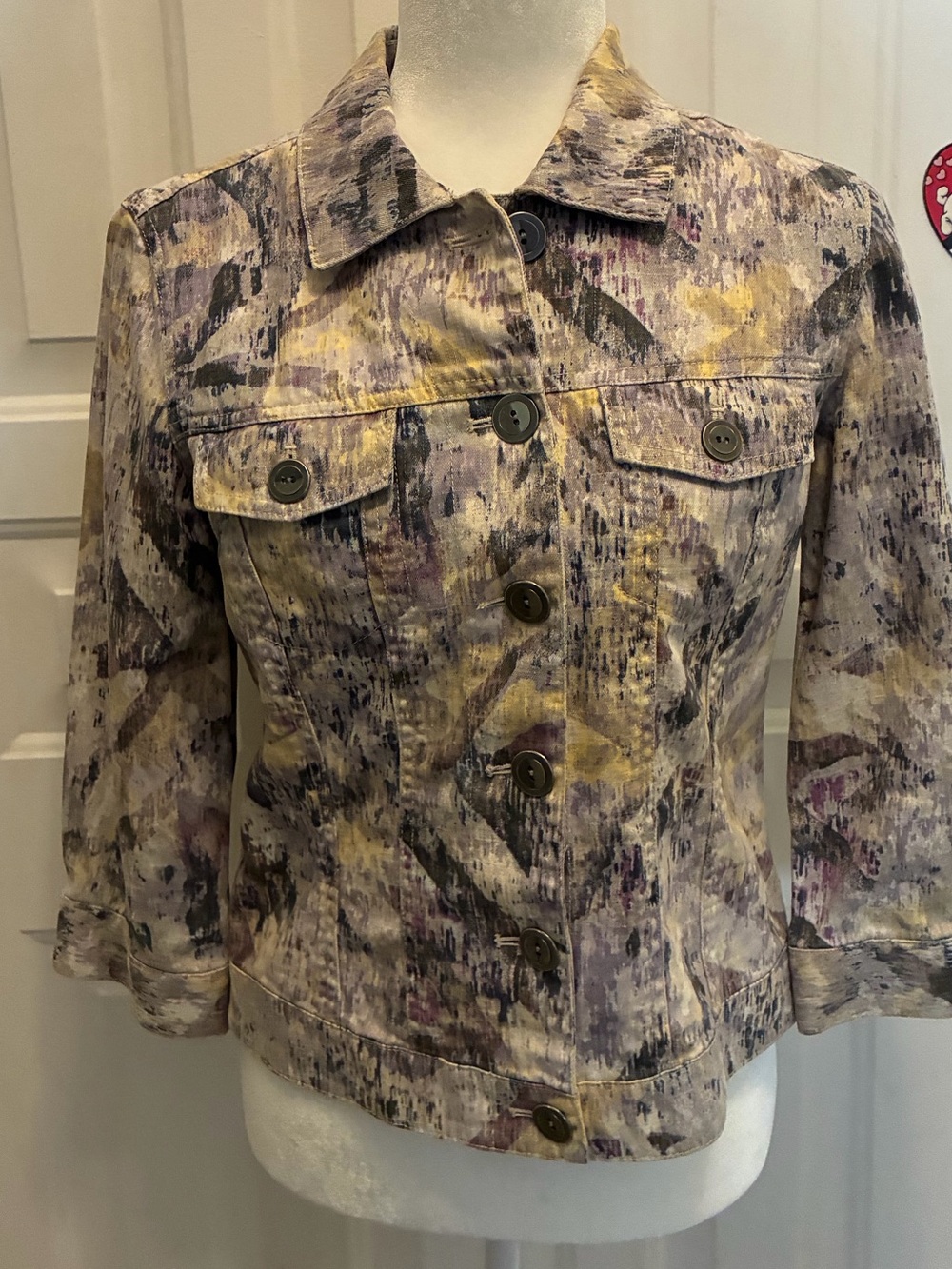 Chico's Abstract Print Cropped Jean Jacket - Purple, Yellow, Gray